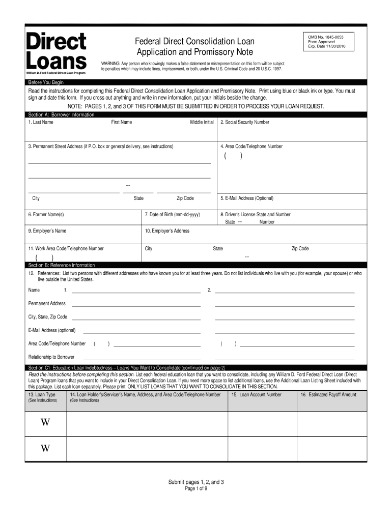  Federal Direct Consolidation Loan Application and Promissory Note Loanconsolidation Ed 2010