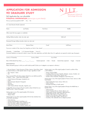 Application for Admission to Graduate Study New Jersey Institute of Njit  Form