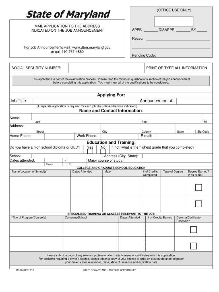 State Employment Application MS100  Calverthealth  Form