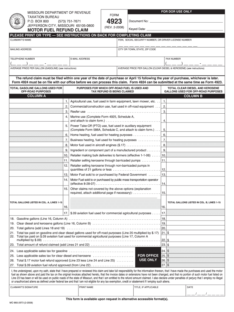  Missouri Dept of Revenue for 4923 Form 2008
