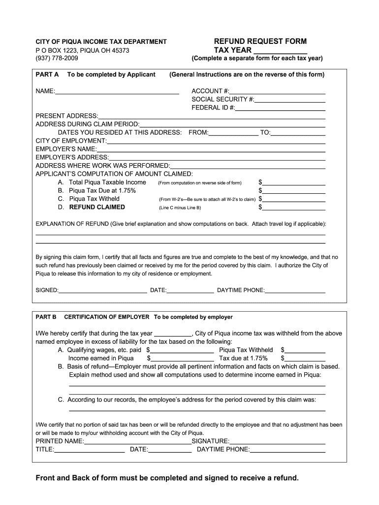 Chillicothe Ohio Income Tax Request a Refund Form