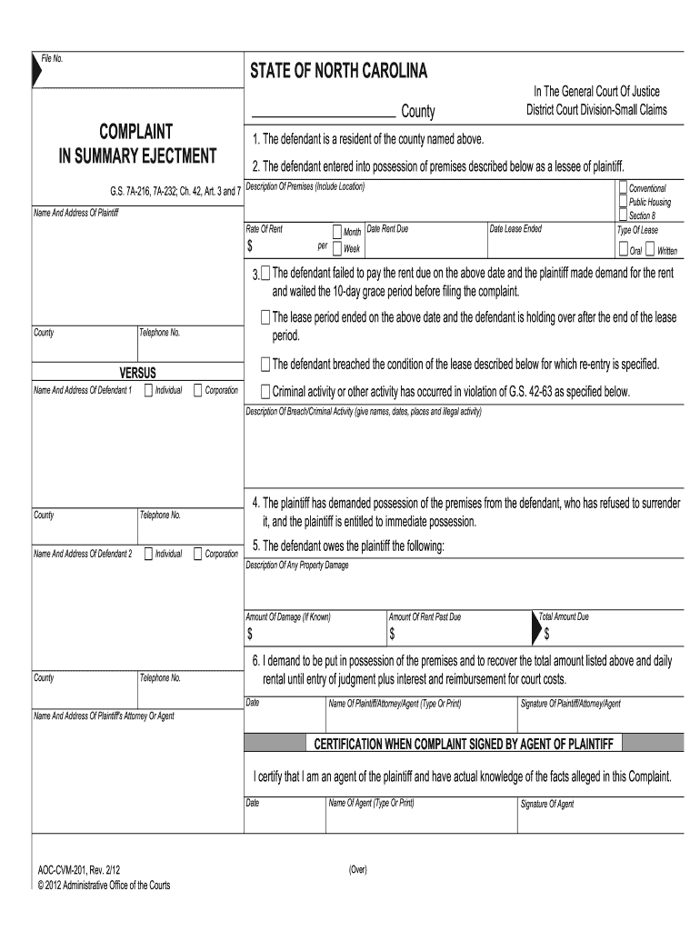 Nc Summary Ejectment Forms Fillable