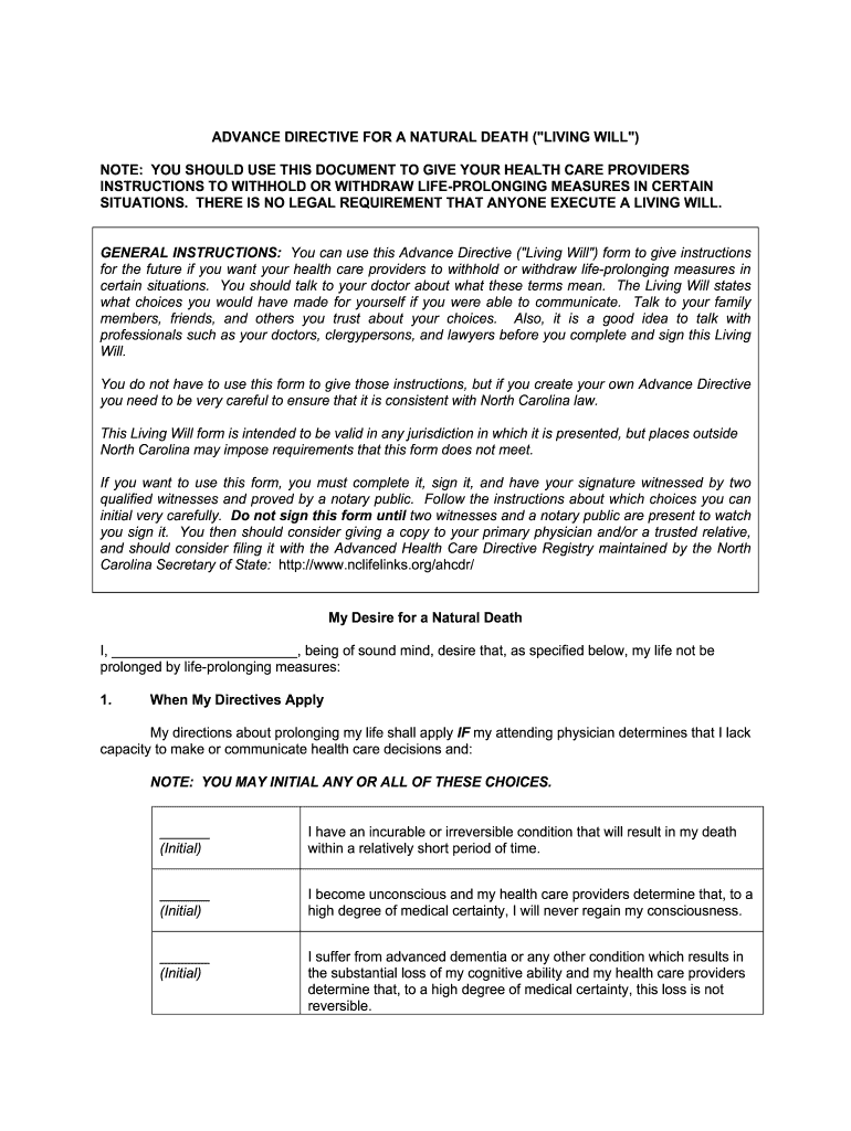 Advance Directive for a Natural Death 'living Will' North Carolina Ncmedsoc  Form