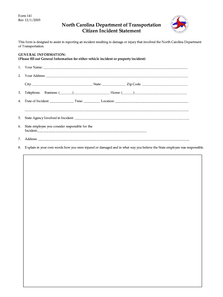  North Carolina Department of Transportation Citizen Incident Statement 2005-2024