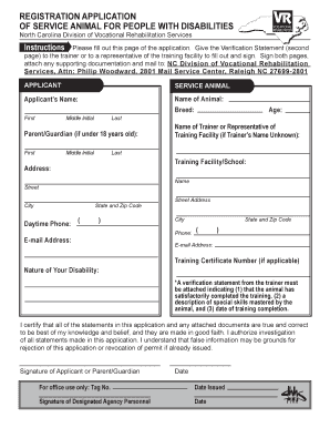 North Carolina Service Animal Verification Form