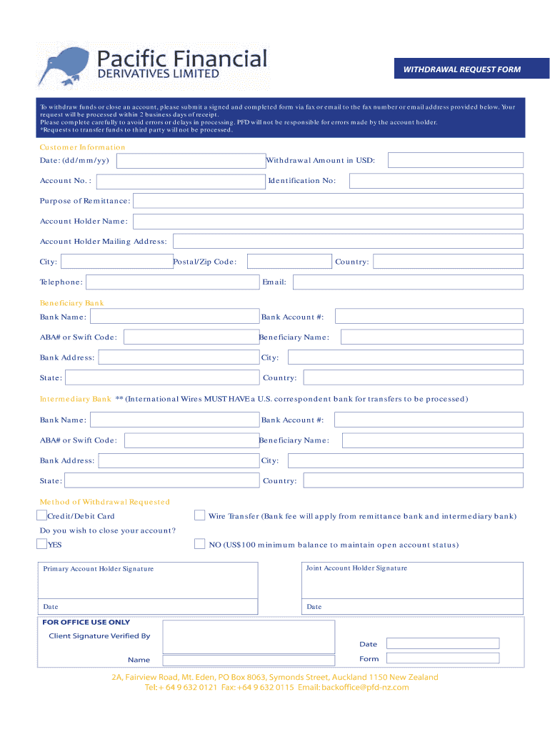 WITHDRAWAL REQUEST FORM 2A, Fairview Road, Mt Eden, PO