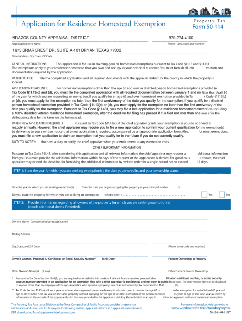 Brazos County Homestead Exemption  Form