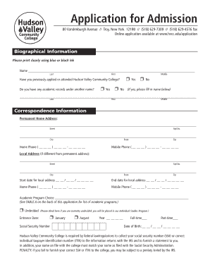 Application for Admission Hudson Valley Community College Hvcc  Form