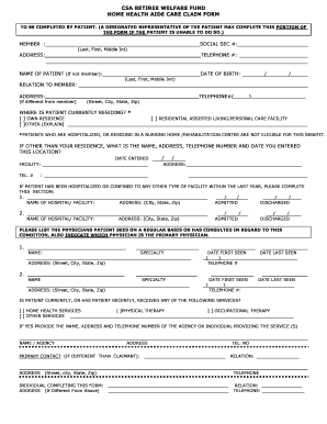 Csa Retiree Welfare Fund for Home Health Aide Care Claim Form