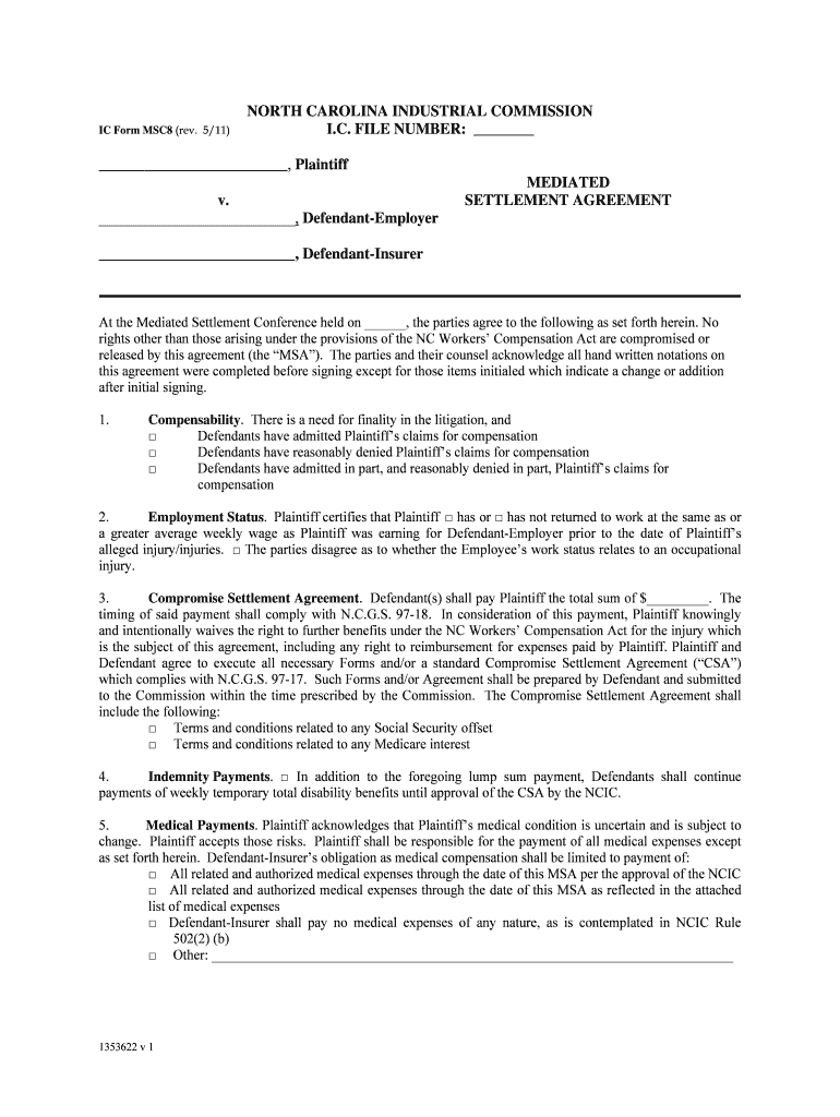 Form MSC8  North Carolina Industrial Commission  Ic Nc