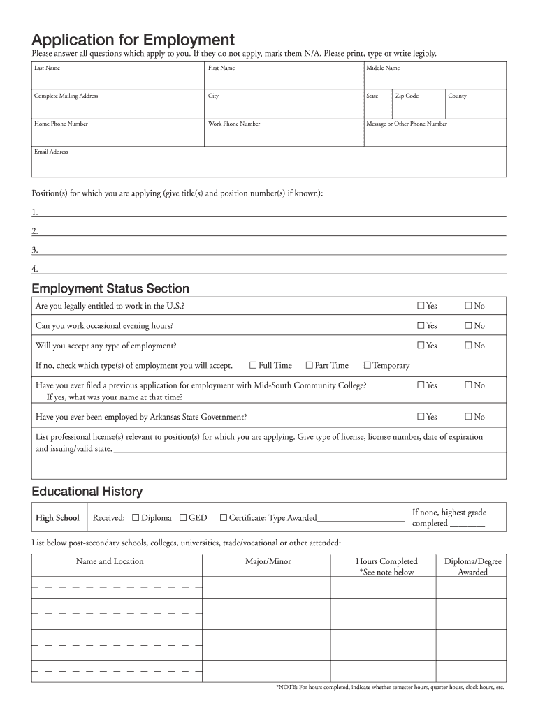 Mid South Community College Employment Application  Midsouthcc  Form