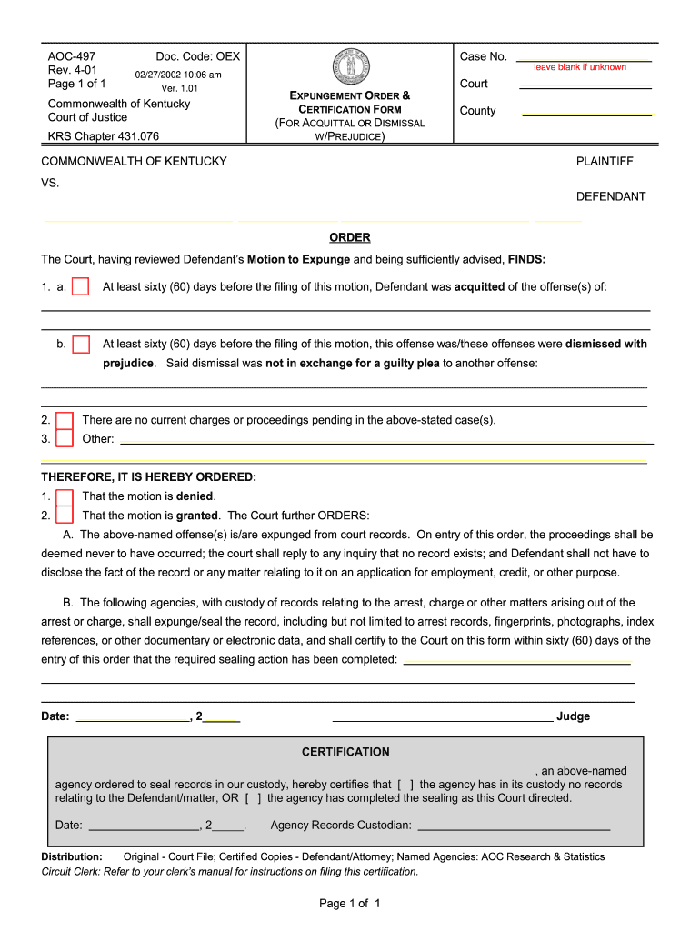  Aoc Ky Forms Certificate of Service 2001