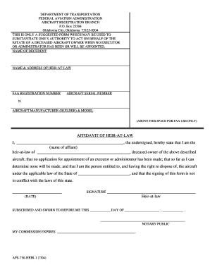 Printable Affidavit of Heir at Law Faa Version  Form