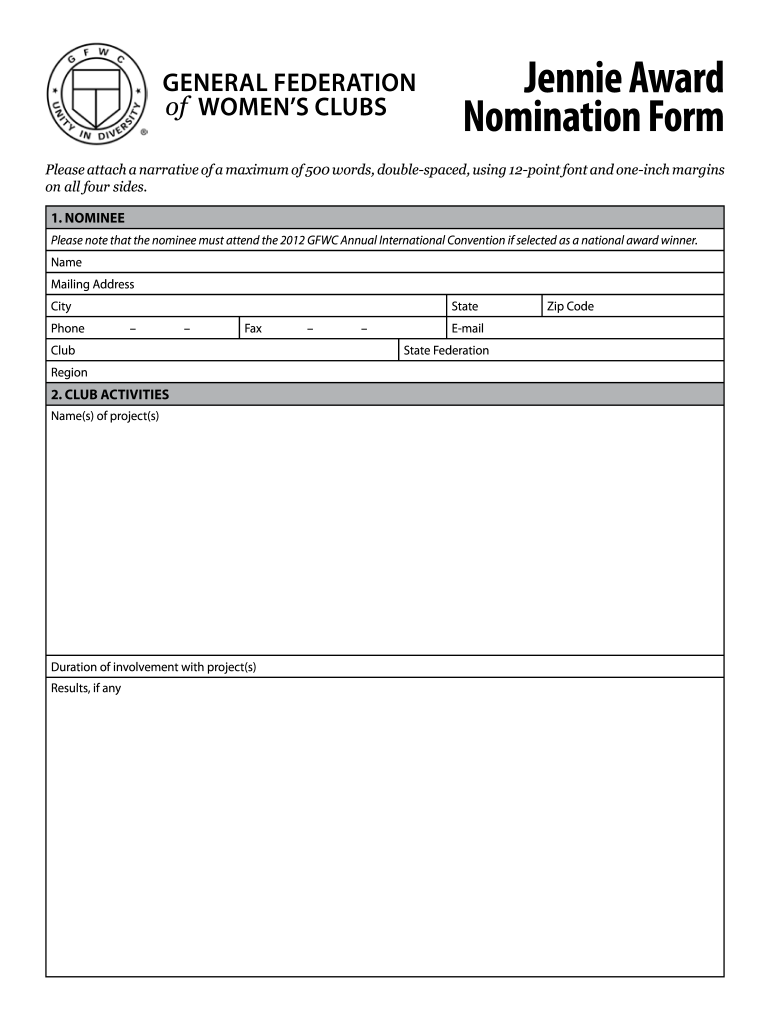  Gfwc Jennie Award Forms 2011-2024