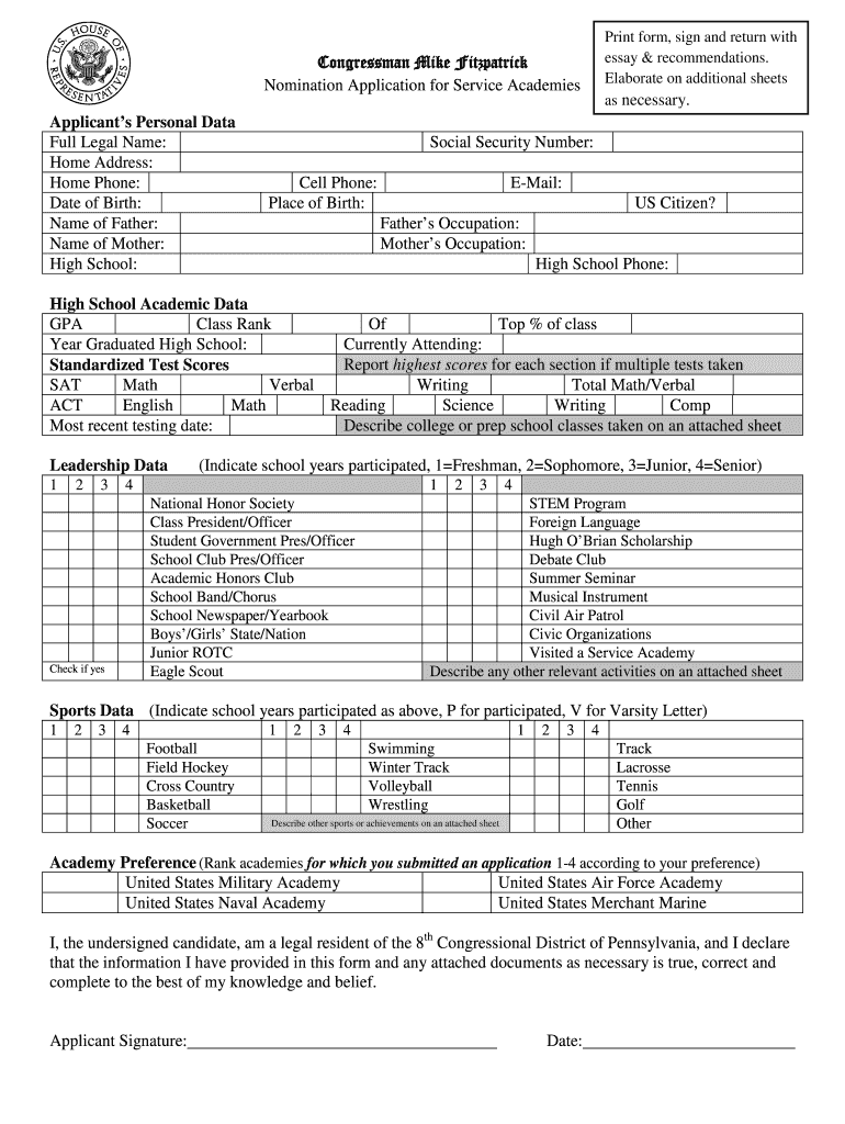 Service Academy Nomination Form  Congressman Michael Fitzpatrick  Fitzpatrick House