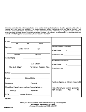  Howard University Upward Bound Mathematics and Science Program Form 2011