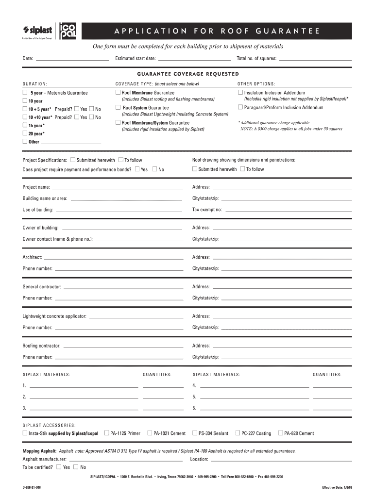Application for Roof Guarantee  Siplast  Form