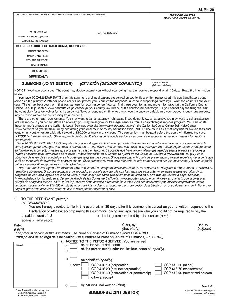 Summons Debtor  Form