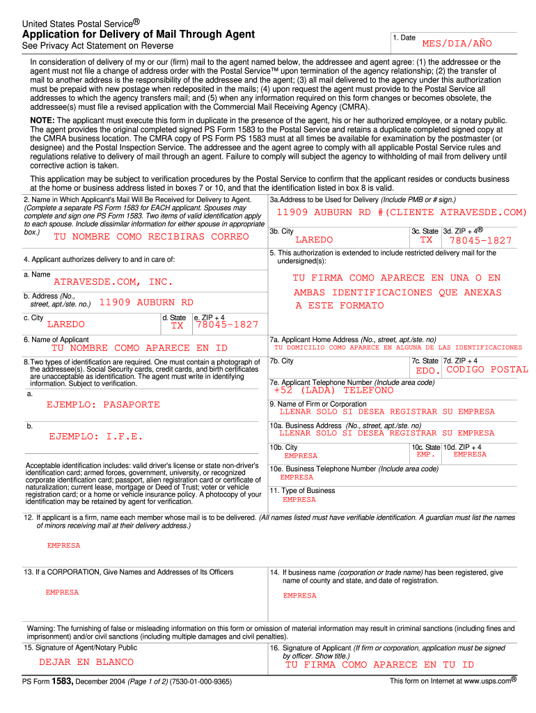 Application for Delivery of Mail through Agent Fillable Form