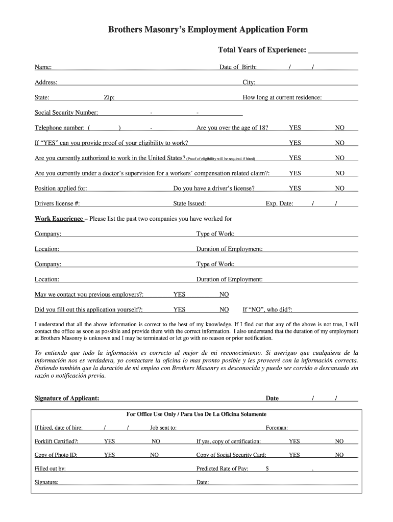 Brothers Masonry's Employment Application Form