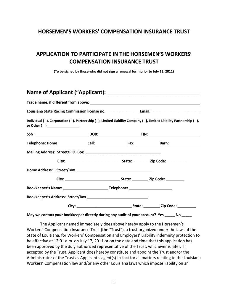 FORM to VERIFY DISCLOSURES and REAFFIRM APPLICATIONTO PARTICIPATE in the HORSEMEN S WORKERS COMPENSATION INSURANCE TRUST TR Lahb