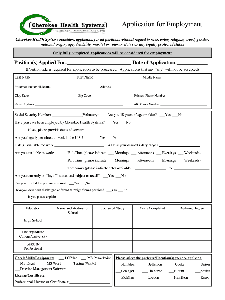 Cherokee Health Systems Considers Applicants for All Positions Without Regard to Race, Color, Religion, Creed, Gender, National   Form