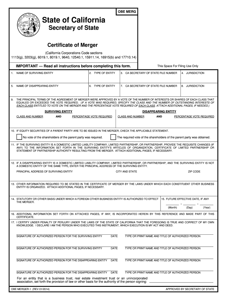 Corporate Mergers California Secretary of State State of California Sos Ca  Form