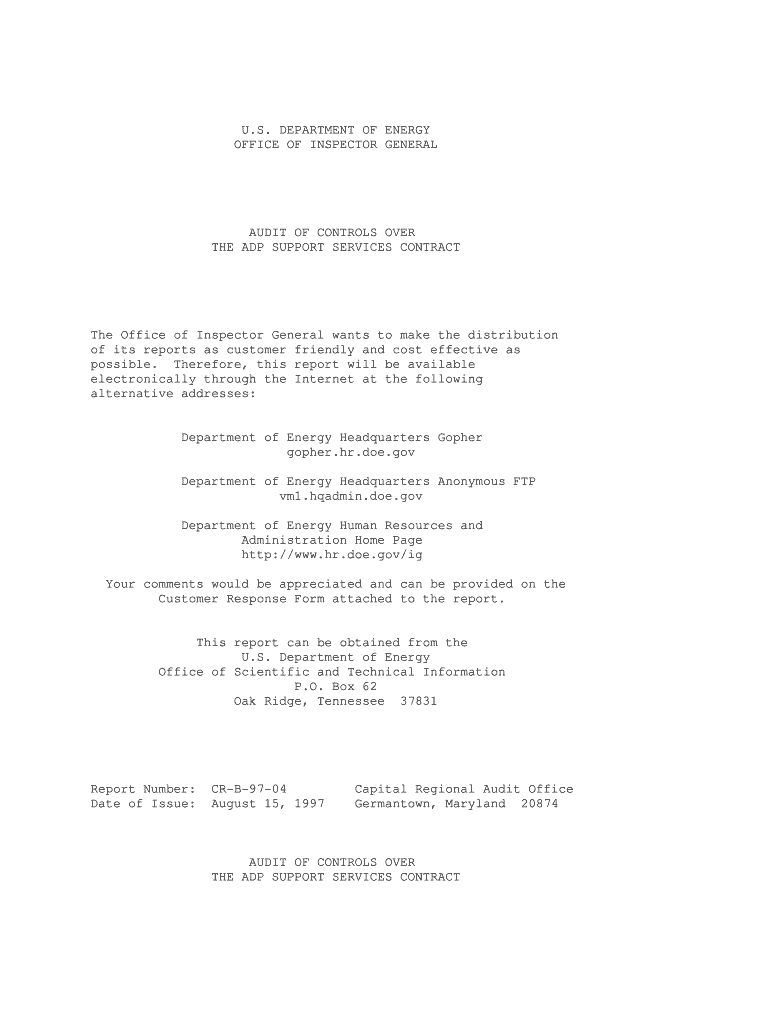 Audit of Controls over the ADP Support Services Contract, CR B 97 04 Audit of Controls over the ADP Support Services Contract, C  Form