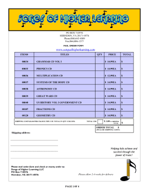 Songs of Higher Learning LLC Order Form