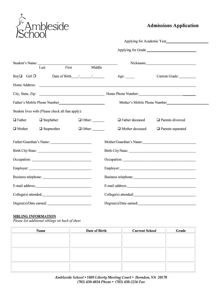 Admissions Application Ambleside School Ambleside  Form