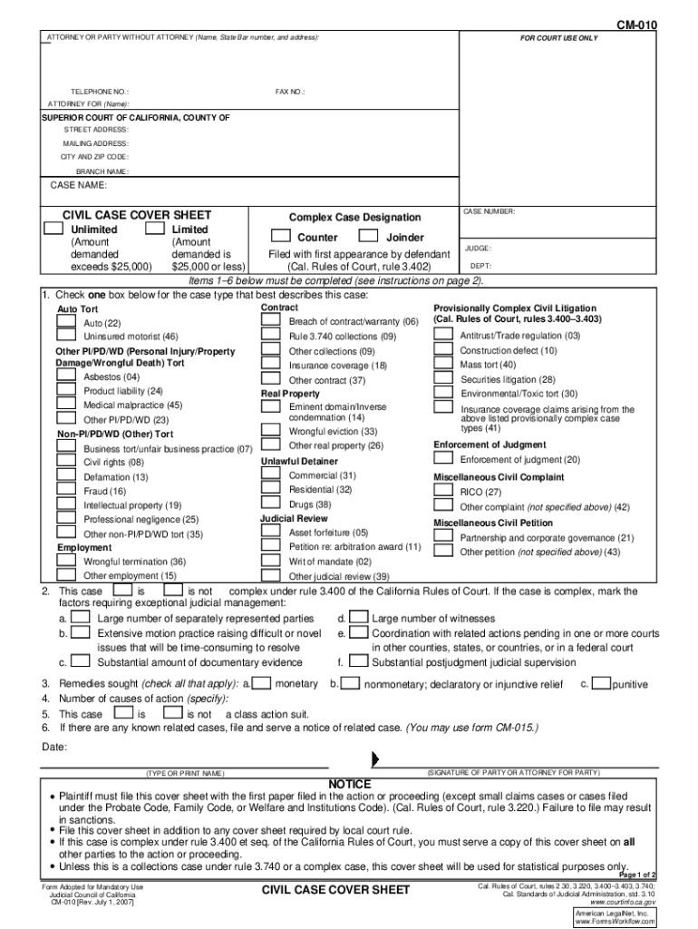 Fillable Form UD 100 COMPLAINTUNLAWFUL DETAINER