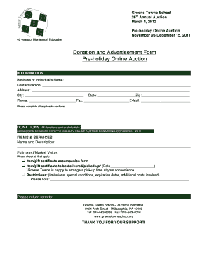 Donation and Advertisement Form Pre Holiday Online Auction Greenetowneschool