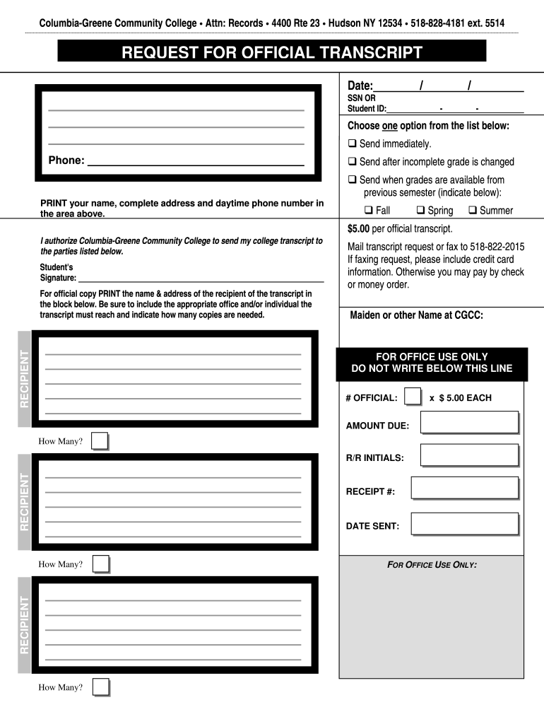 Columbia Greene Community College Transcript Request  Form