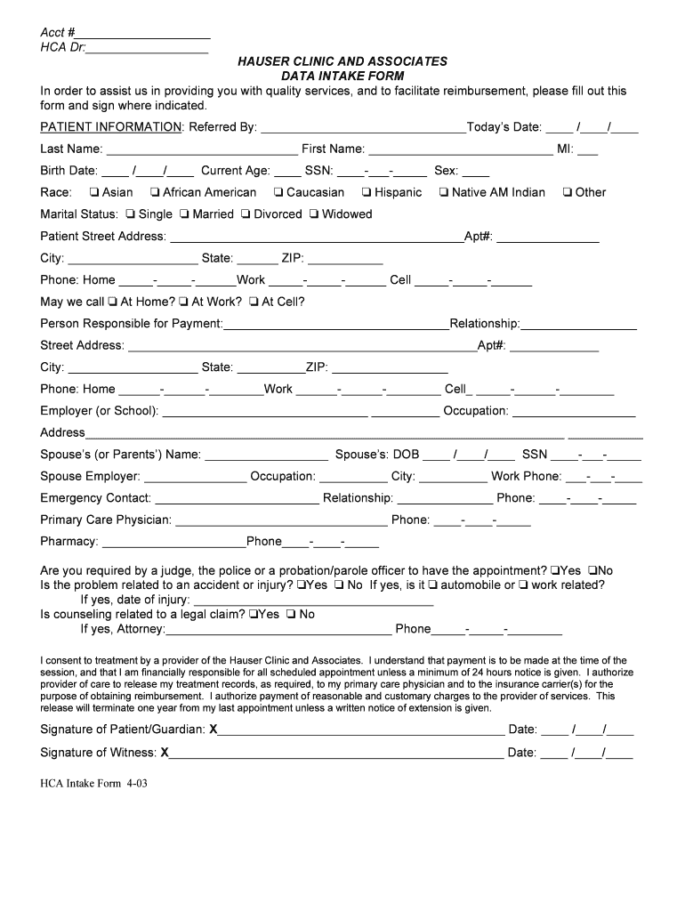 Data Intake Form PDF  Hauser Clinic & Associates