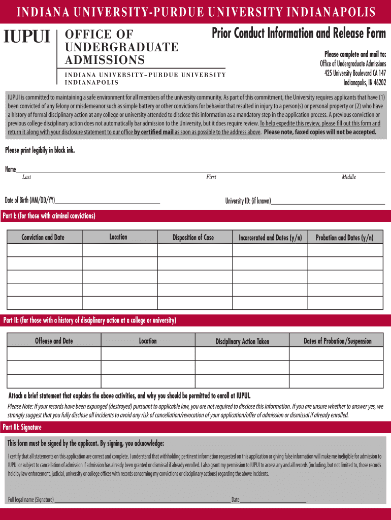 Prior Conduct Information and Release Form  IUPUI  Enroll Iupui