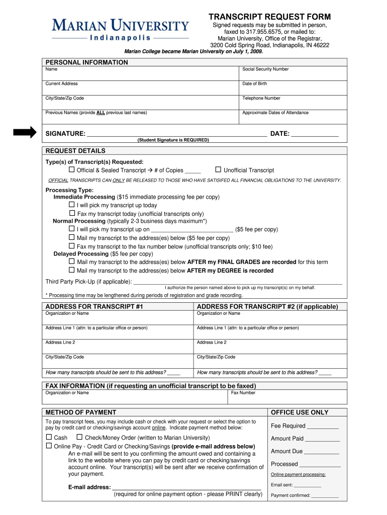 Marian Transcript Request  Form
