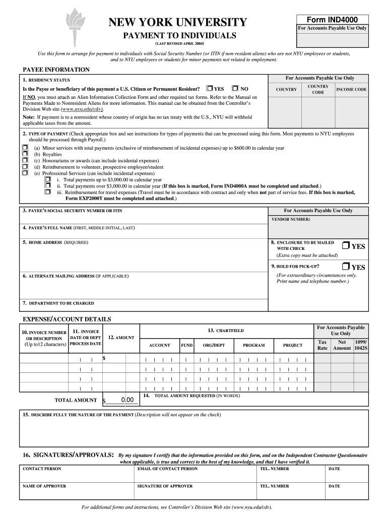 Ind4000  Payment to Individuals Form Revised April DOC Basic Overview of the Accounts Payable Module in DaFIS  Nyu