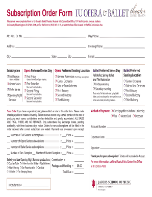 Subscription Order Form Indiana University School of Music Music Indiana