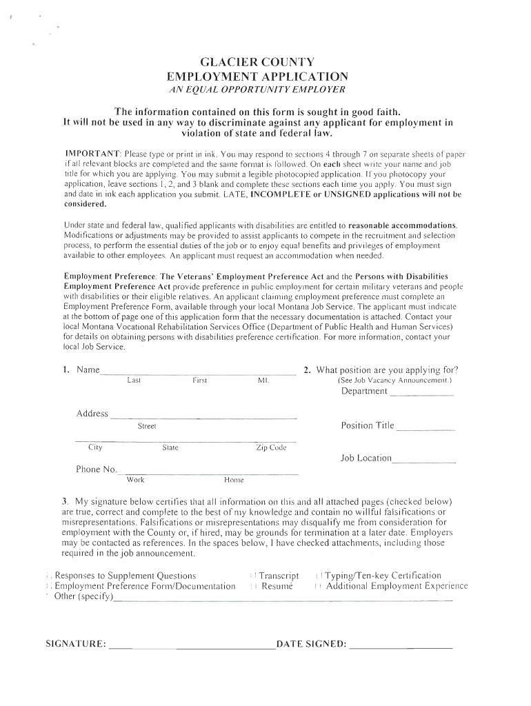 GLACIER COUNTY EMPLOYMENT APPLICATION  Wsd Dli Mt  Form