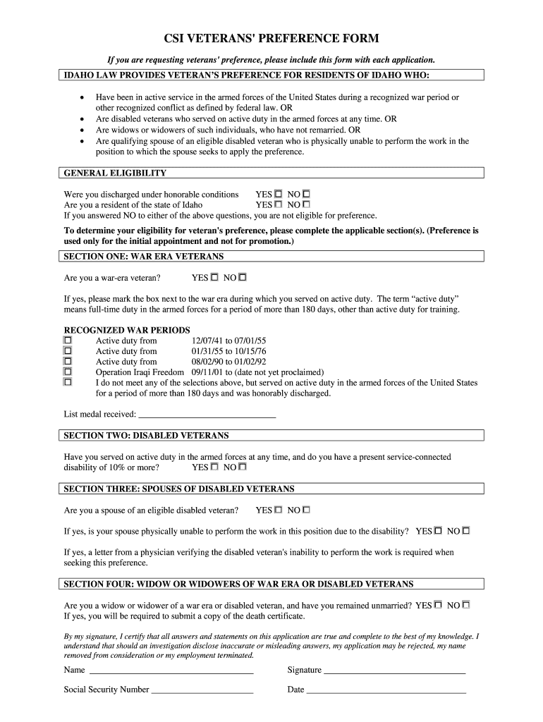 CSI VETERANS&#39; PREFERENCE FORM VP 1  Employment Csi