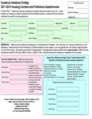 Gustavus Adolphus College Housing Contract and  Form