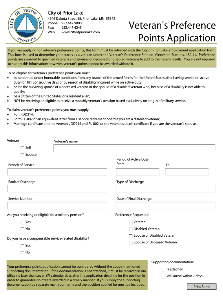 Veteran&#039;s Preference Points Application  Form
