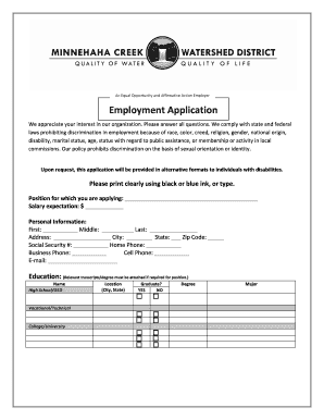 Employment Application Instruction Fields Minnehahacreek  Form