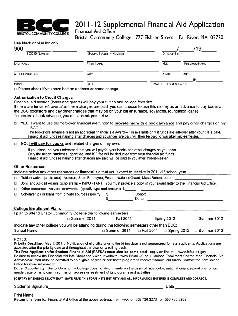 Financial Aid Office Supplemental Form for Bristol Community College