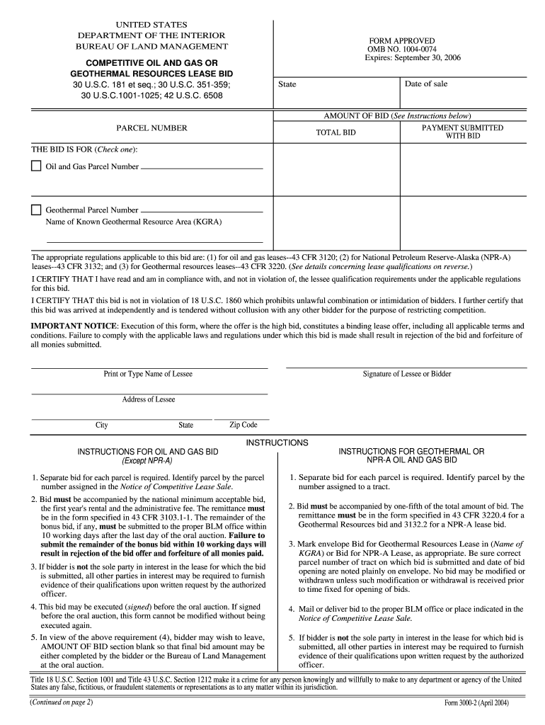 UNITED STATES DEPARTMENT of the INTERIOR BUREAU of LAND MANAGEMENT COMPETITIVE OIL and GAS or GEOTHERMAL RESOURCES LEASE BID 30   Form