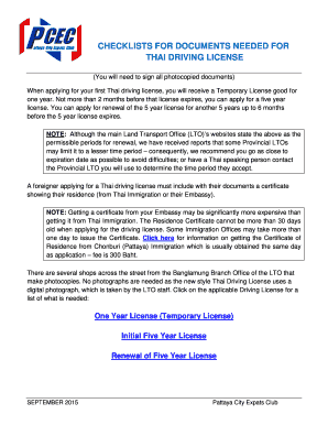 CHECKLISTS for DOCUMENTS NEEDED for THAI DRIVING LICENSE  Form