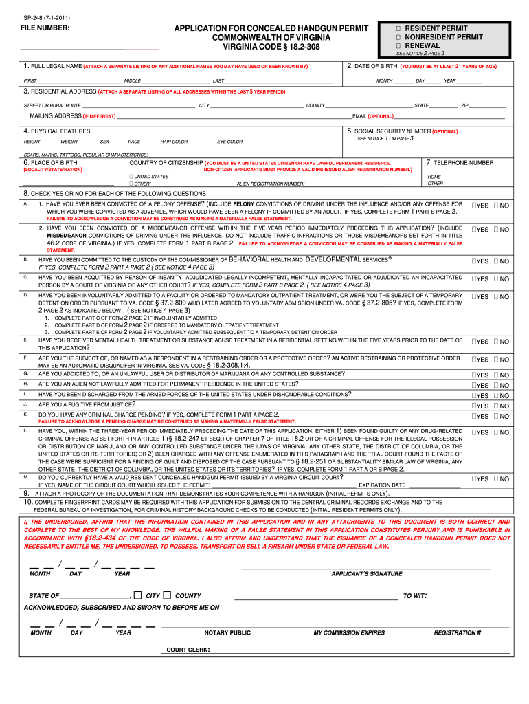 Get and Sign Virginia Fillable Concealed Carry Permit Application Form 2011-2022