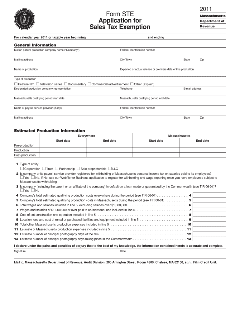 Form STE Application for Sales Tax Exemption for Calendar Year or Taxable Year Beginning and Ending Massachusetts Depa