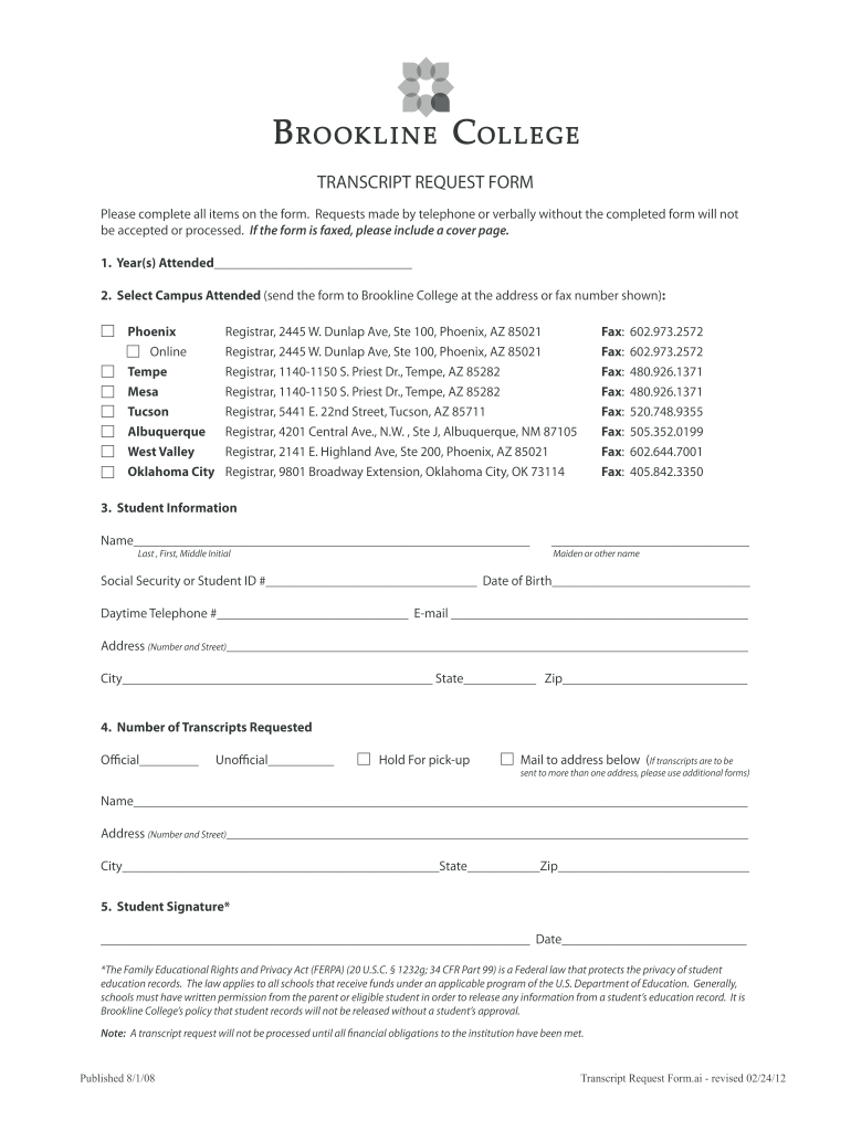  Brookline College Transcript Request  Form 2012