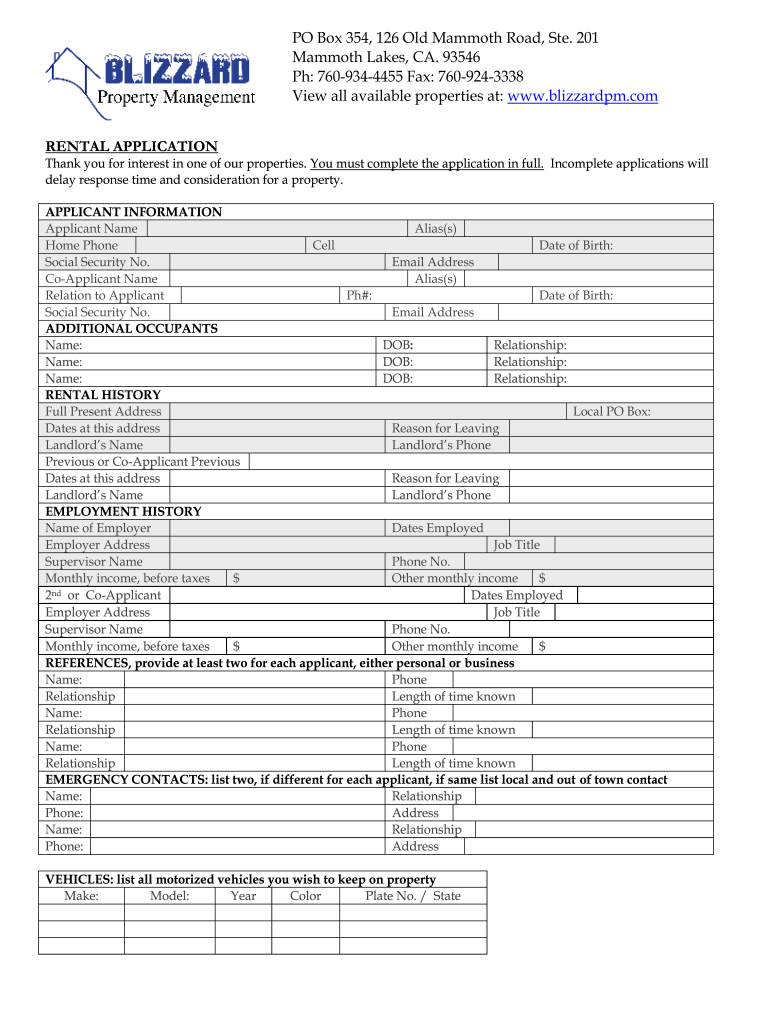 Rental Application Blizzard Property Management  Form